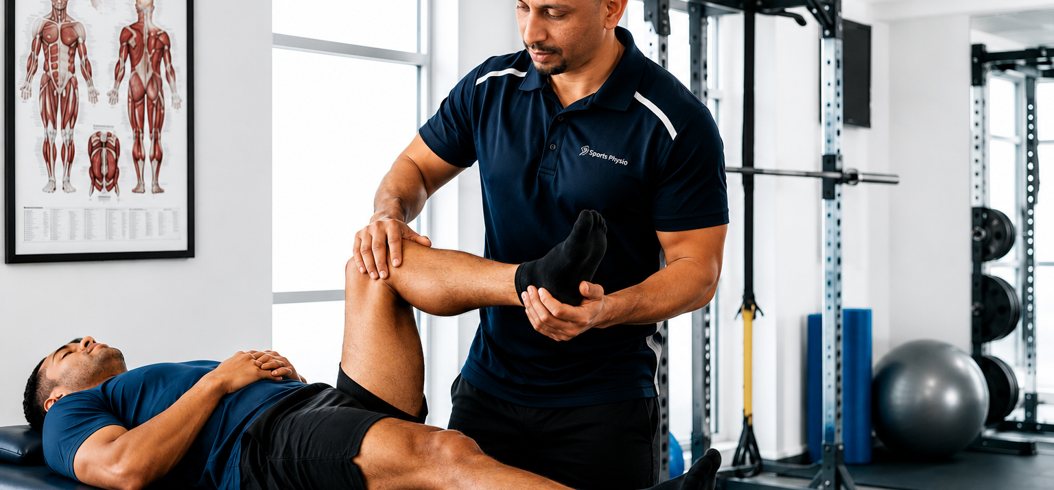 Physiotherapist guiding a leg stretch on a therapy table in a gym setting.
