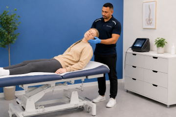 Physical therapist in navy polo gently supports a woman's head as she rests on a treatment table in a clinic room with a blue wall.